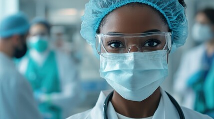 health, medicine and pandemic concept - close up of african american female doctor or scientist in protective mask over medical workers at hospital on background