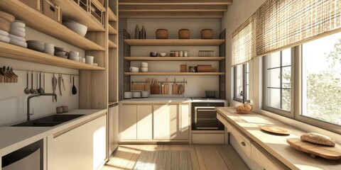Fototapeta premium Cozy kitchen interior with shelves and wooden countertop surfaces