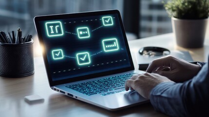 Digital workflow automation modern office infographic urban setting close-up efficiency and productivity insights