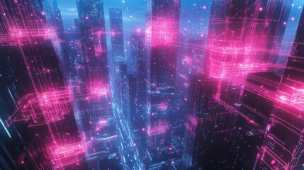 A futuristic city skyline illuminated by glowing pink and blue network connections, showcasing digital communication and technology systems.