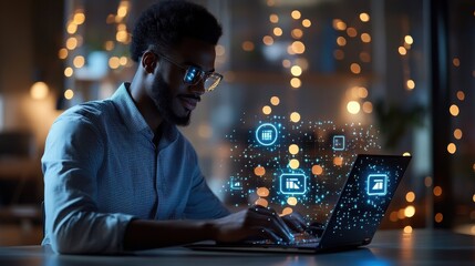 Digital innovation young professional using laptop for data analysis in modern office environment