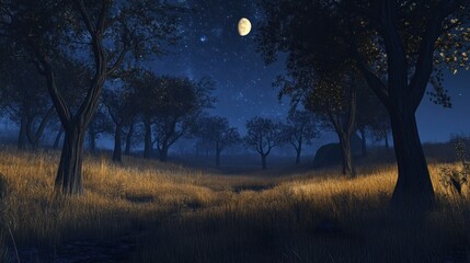 Misty night forest with golden grass, moonlit scene