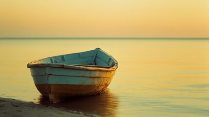 Naklejka premium A solitary boat rests on golden sands by the shoreline, bathed in soft morning light, evoking solitude and reflection.