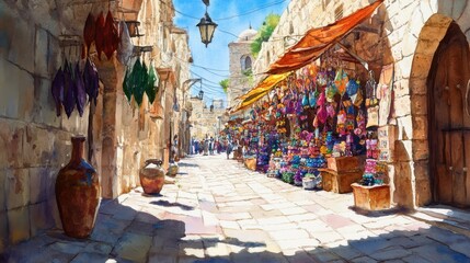 Obraz premium Watercolor illustration of Jerusalem street. Vibrant view of the souvenir market in the old city, filled with colorful trinkets and historic charm.