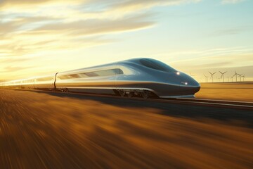 Obraz premium High-speed train speeding across a desert landscape at sunset, powered by renewable energy.