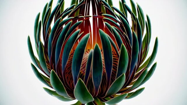 Protea flower blooming in time lapse on white background
