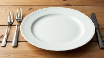 Empty White Plate and Utensils Set on Rustic Wooden Table Before Meal