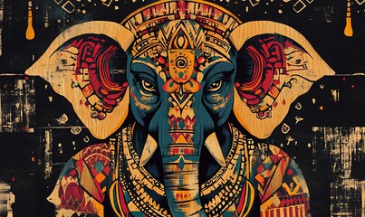 Naklejka premium A stylized painted portrait of an elephant with ornate details