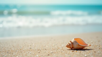Shell Resting on Sandy Beach With Sparkling Ocean in Background During Sunny Day