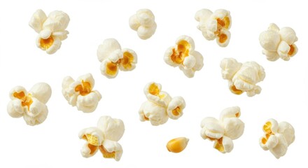 Fototapeta premium Popcorn kernels, scattered pattern, white and yellow, close-up texture, high contrast, crisp details, food photography, snack background, light backdrop, macro shot, overhead view, studio lighting, ap