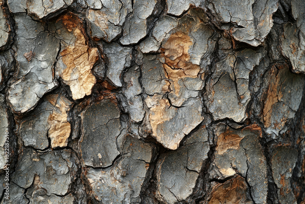 Poster Close-up of textured tree bark, showing deep cracks and variations in color and tone.
