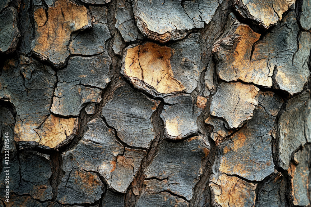 Aufkleber close-up of textured tree bark, showing deep cracks and variations in color.