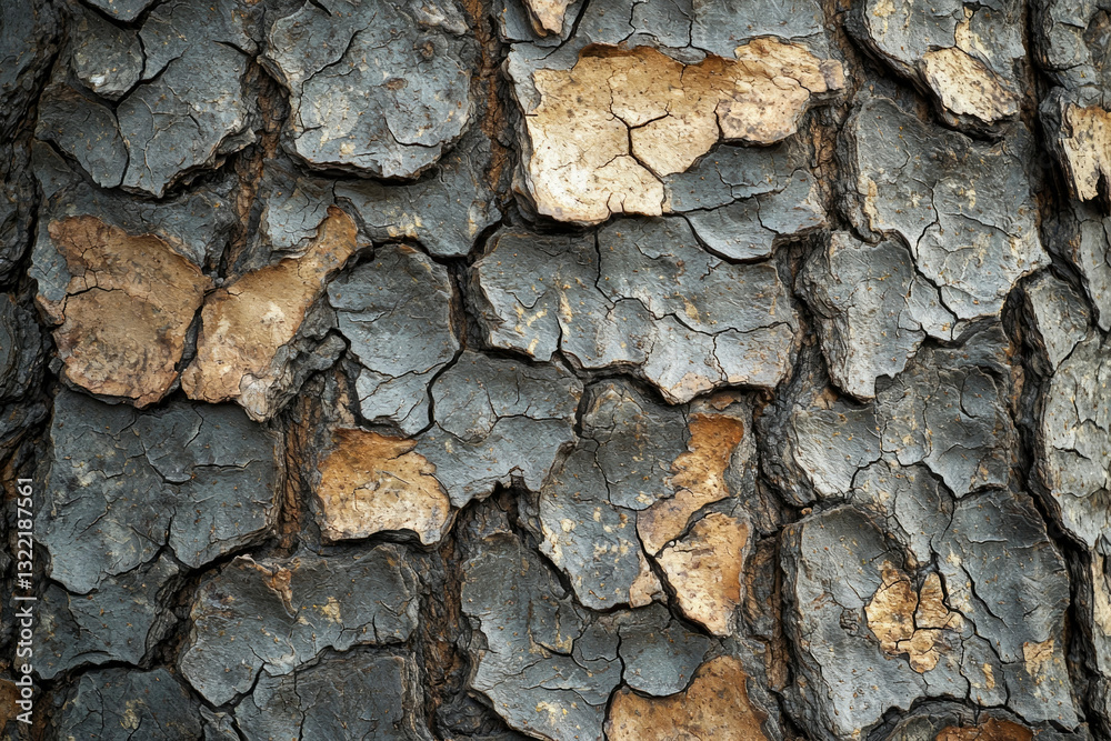 Poster close-up of tree bark texture showing cracked, gray and brown patterns.