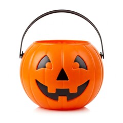 Bright orange Halloween pumpkin bucket with a cheerful face white background