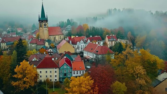 Beautiful autumn view of Kladruby village in the Czech Republic surrounded by colorful trees and mist, Aerial view of the village Kladruby in the Czech Republic on a cloudy day in autumn