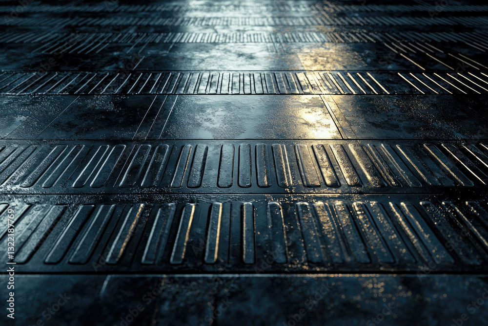 Poster dark metallic floor with grooved textured tiles, reflecting light.