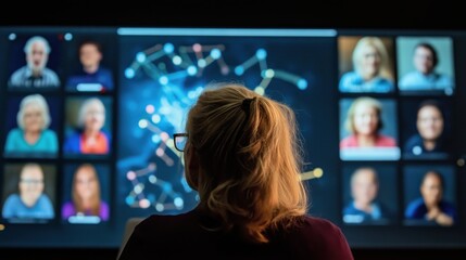 Woman in Video Conference with Colleagues & Data Visualization on Screen, Remote Work, Online Meeting.