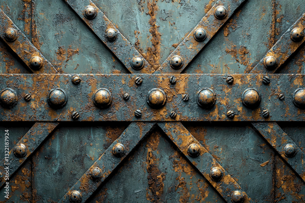 Poster rustic metal texture with aged, grunge look, showing intersecting metal bands and rivets.