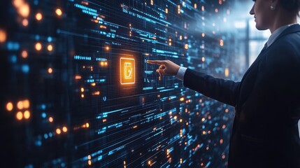 Digital interaction with data visualization office environment technology concept professional viewpoint