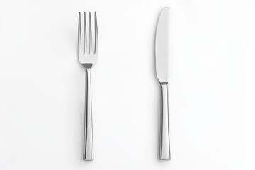 Stainless steel fork and knife set on white background with details