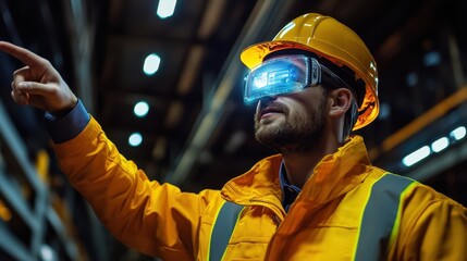 Innovative worker using augmented reality glasses in industrial warehouse modern technology professional environment