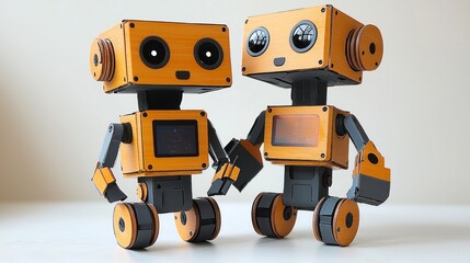 Fototapeta premium Adorable Wooden Robots: A Pair of Friendly Companions