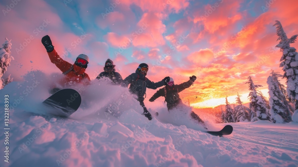 Poster four friends are having fun snowboarding down a snowy slope during sunset, surrounded by tall trees 