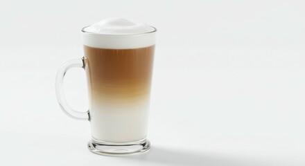 Latte macchiato, tall glass mug, layered coffee drink, creamy foam top, gradient coffee colors, espresso shot, milk layers, white background, soft lighting, product photography, high resolution, detai