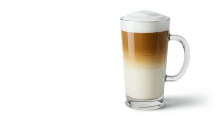 Latte macchiato, tall glass mug, layered coffee drink, creamy foam top, gradient coffee colors, espresso shot, milk layers, white background, soft lighting, product photography, high resolution, detai