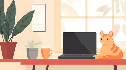 A cozy home office setup with a laptop, a cup of coffee, and a cat or dog lounging nearby. The workspace is neat and minimalistic, with natural light pouring in, creating a perfect balance of