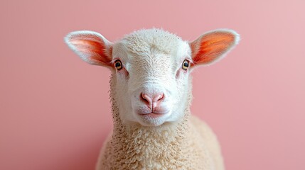 Fototapeta premium Close-up of a young lamb with white wool against a plain pink background