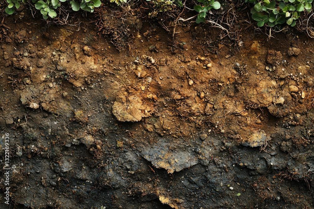 Poster a close-up view of soil layers revealing different textures and colors.