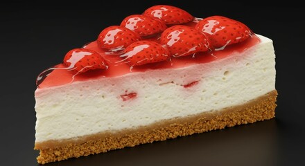cheesecake slice, strawberry topping, creamy texture, golden crust, glossy berries, rich dessert, high contrast, dark background, food photography, sharp details, mouthwatering, indulgent, bakery disp