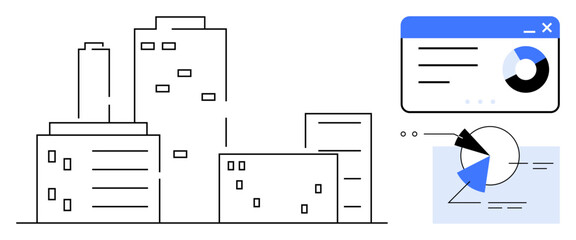 Cityscape with office buildings alongside analytics dashboard and charts. Ideal for business data, urban planning, real estate, corporate growth, market analysis, finance. Flat simple metaphor