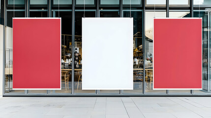 Three Vertical Hanging Posters Two Red And One White In Front Of A Cafe Window Display Showcase Mockup Template