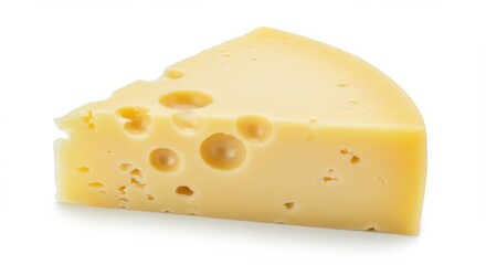 Cheese wedge, Swiss cheese, yellow cheese, holes, dairy product, triangle shape, creamy texture, food photography, white background, sharp focus, macro shot, appetizing, gourmet, culinary, realistic d