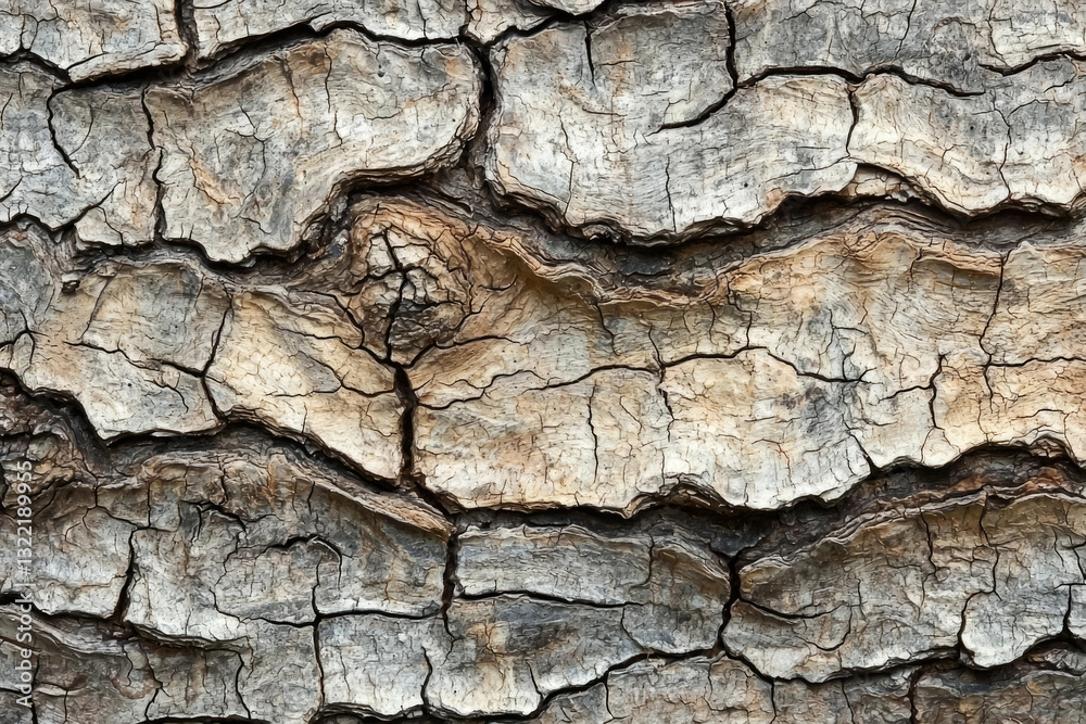 Poster close-up of deeply textured tree bark, showing cracks and patterns in shades of gray and brown.