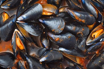 Close up of a bunch of mussels with red sauce on them. The sauce is thick and the mussels are small