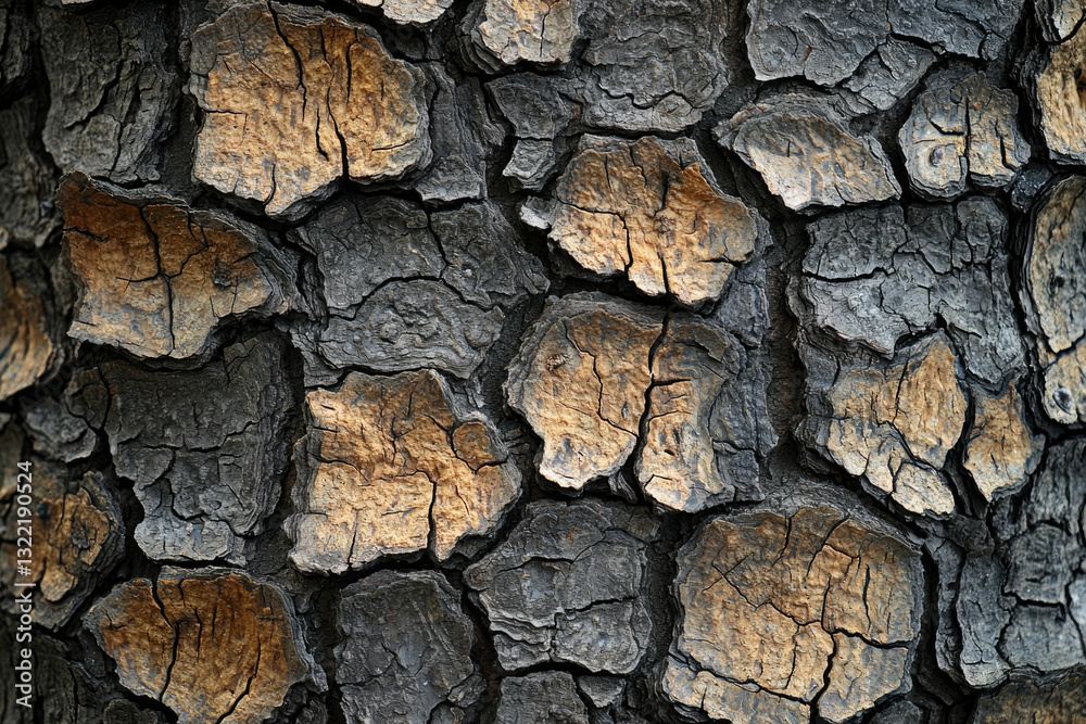 Poster close-up of textured tree bark, showing dark grey and light brown cracked patterns.