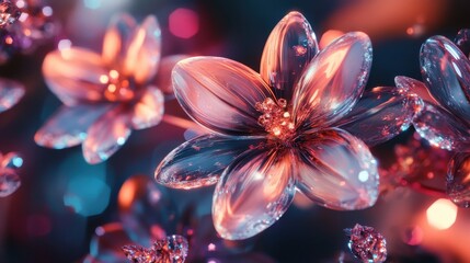 Fototapeta premium A digital technology-inspired fantasy scene with glass crystal flowers, designed as an abstract graphic poster for web pages and PPT backgrounds