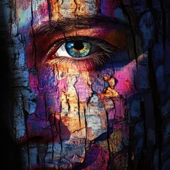 Abstract colorful Portrait of Human face on wood bark. Bold Brush. Generative AI