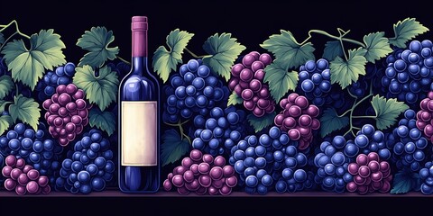 Fototapeta premium Grapes and a wine bottle displayed elegantly on a dark background with vibrant colors and rich textures