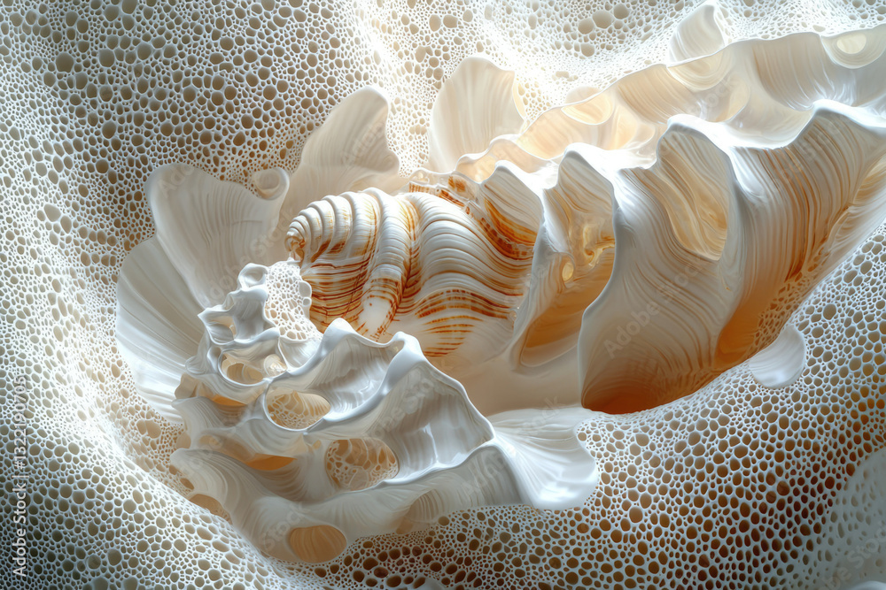 Poster a seashell nestled within a surreal, bubbly, foam-like landscape, creating a dreamlike scene.