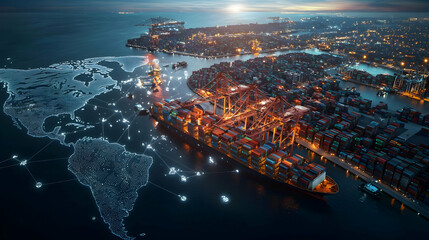 Aerial View Of Illuminated Cargo Port With Container Ship At Night With Global Network Map Overlaid