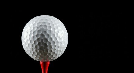 golf ball, tee, extreme close-up, high contrast, black background, white sphere, dimpled surface, red tee, sports equipment, minimalist, studio lighting, product photography, macro shot, dramatic ligh