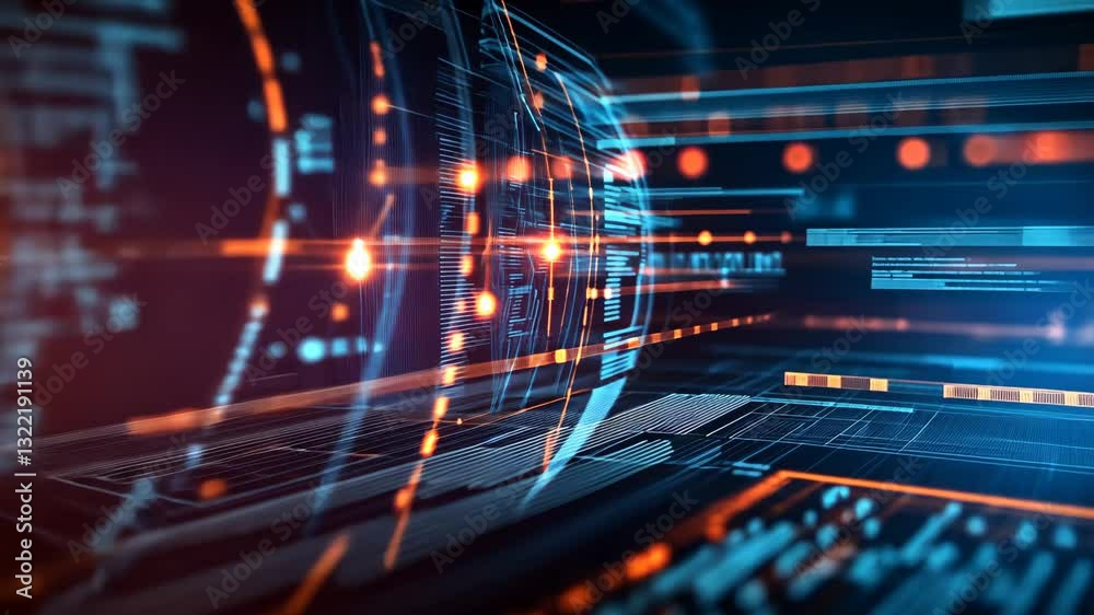Poster exploring intricate digital data visualizations in a futuristic technological environment