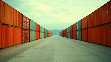 Fototapeta premium Endless rows of colorful shipping containers stretch towards distant mountains, encapsulating global trade and the scale of modern transport.
