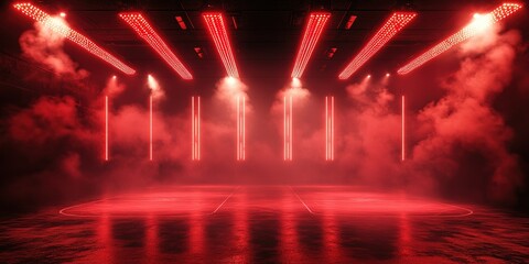 Naklejka premium Dramatic red lighting fills a performance space creating an intense atmosphere for an upcoming event