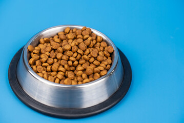 Dry dietary food for cats and dogs in a bowl isolated on solid color background. Healthy pet nutrition and feeding routines.