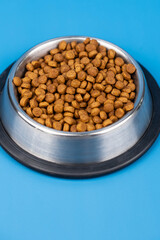 Dry dietary food for cats and dogs in a bowl isolated on solid color background. Healthy pet nutrition and feeding routines.